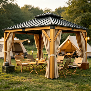 Gazebo de Cedro con Techo Rígido Estilo Glamping con Cortina de Privacidad para Acampar en <span class=keywords><strong>el</strong></span> <span class=keywords><strong>Bosque</strong></span> y Espacio para Picnic al Aire Libre - Product Image 1