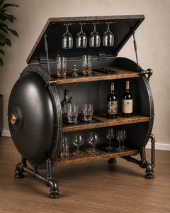 Meuble de bar industriel en forme de baril, en métal rustique et bois, avec porte-bouteilles et étagères à verres pour bar - Product Image 4
