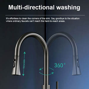 ก๊อกน้ำอ่างล้างจานคุณภาพสูง น้ำร้อน-น้ำเย็น หมุนได้ 360 องศา สีเทาเข้ม พร้อมหัวฉีดแบบดึงออกได้ - Product Image 2