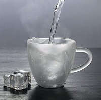 Taza de cristal con forma de corazón, tazas de cristal de doble pared con forma de corazón, venta al por mayor