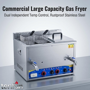Friteuse à gaz commerciale 30L à double cuve avec contrôle indépendant de la température et panier pour poulet frit, frites et snacks - Product Image 1