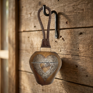 Large for <b>Cow</b> <b>Bell</b> with Leather Handle Polished Iron Metal Golden Color Certified India Origin - Product Image 2