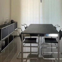 Table à manger/bureau moderne minimaliste en acier inoxydable avec plateau en bois pour réunions d'affaires, salon, salle à manger, bureau, cuisine
