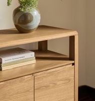 Console de rangement moderne minimaliste en bois massif, table d'entrée à 4 portes avec étagère ouverte pour salon