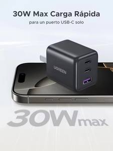 Cargador UGREEN GAN de 30W, Tipo USB C, 3 Puertos, Carga Rápida, Cargador de Pared 2C1A para Samsung <span class=keywords><strong>Galaxy</strong></span> S25/S24 <span class=keywords><strong>iPhone</strong></span> 17 16 - Product Image 4
