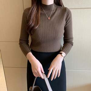 Pull en tricot à col montant pour femme I-0382, automne, manches longues, couleur unie, coupe slim, décontracté, logo sur le devant, acrylique - Product Image 5