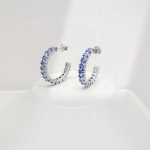 Pendientes coreanos de plata 925 con piedra natural azul, elegantes y geométricos, con circonita y moissanita para mujer. - Product Image 2