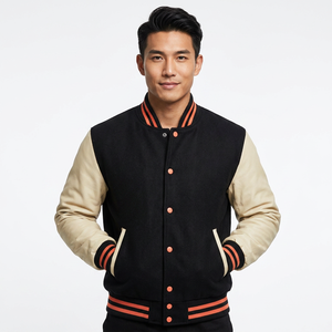 Men's <b>Black</b> Varsity <b>Jacket</b> for Sleeves Orange Trim Casual Baseball Style Mandarin Collar Regular Fit Winter Wear High Street - Product Image 1