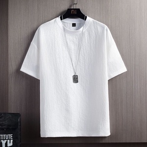 T-shirt da uomo in cotone in poliestere allentata in maglia tinta unita ecologica e Casual da uomo a manica corta da uomo bianco all'ingrosso - Product Image 3