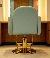 Fauteuil de barbier moderne de luxe vert menthe, fauteuil de coiffure en acier inoxydable doré pour salon