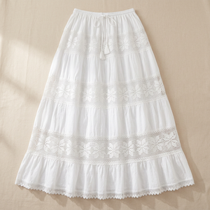 Jupe longue décontractée en velours côtelé blanc pour femme, coupe trapèze, taille élastique, avec pompons brodés, confortable, design original - Product Image 3