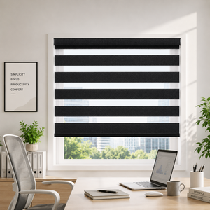 Stores à rouleaux minimalistes ZSTARR <span class=keywords><strong>pour</strong></span> bureau, motif zèbre, tissu texturé pied-de-poule noir neutre, stores de fenêtre tendance <span class=keywords><strong>pour</strong></span> la maison et les bureaux - Product Image 1