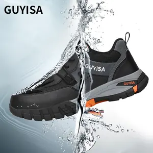 GUYISA รองเท้านิรภัยแฟชั่นใส่กลางแจ้ง,รองเท้าทำงานนิรภัยหัวเหล็กพื้นยางทนทานต่อการเสียดสีหนังไมโครไฟเบอร์กันน้ำ