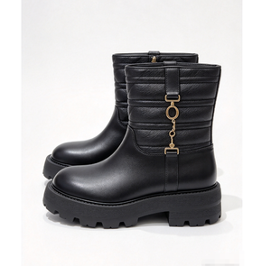 Bottes à plateforme épaisse en cuir verni pour femmes, mi-mollet, bout rond, à enfiler, automne, PU noir - Product Image 1