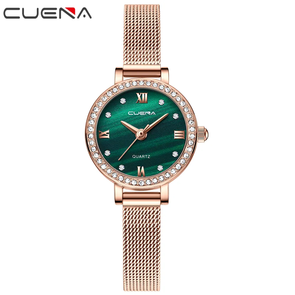 CUENA 2022 Green Dial Square Women Watches Quartz Wrist Watch Rose Gold Luxury Waterproof Fancy Lady Gifts for Girl Pearl Alloy