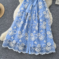 Robe longue décontractée pour femme, élégante, bleue, en dentelle brodée, coupe trapèze, manches bouffantes, avec ceinture, pour le quotidien et les soirées