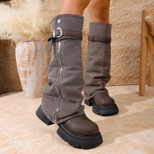 Botas de moto occidentales con plataforma y decoración de hebilla para mujer, punta redonda, vaqueras, fruncidas, hasta la rodilla, calzado de moda 2026 - Product Image 4