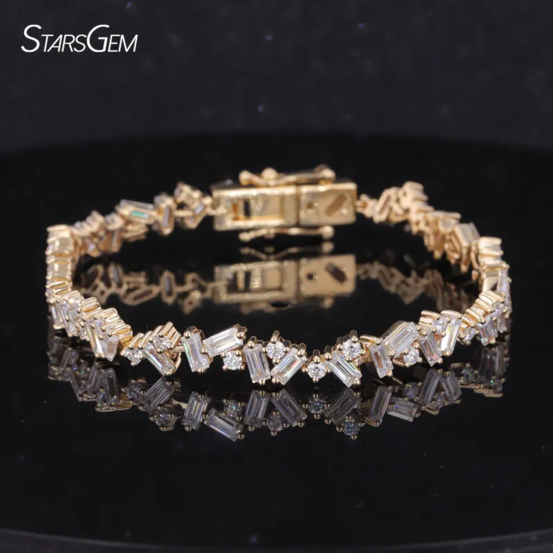 9K oro giallo S925 placcato bracciale religioso con Baguette e forme rotonde moissanite polo impostazione motivo geometrico