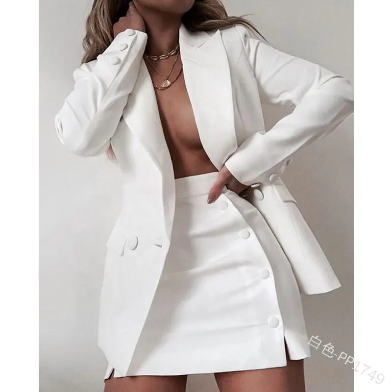 2022 Fashion New Spring Fall Solid Color Women Office Coats Blazer Two Piece Set Ladies Skirt Suits For Ladies Office Wear
