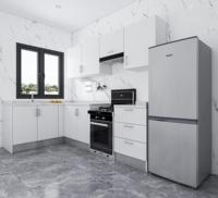 Meuble de cuisine modulaire en acier inoxydable au design moderne, écologique et ignifuge, avec crédence en granit artificiel et tiroirs à charnières coulissantes
