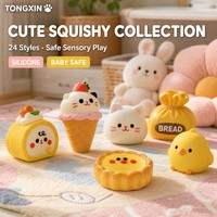 TONGXIN Lot de jouets en silicone souple en gros, 24 styles, mini aliments, animaux, pâtisseries, Kawaii, anti-stress, à presser, personnalisables OEM
