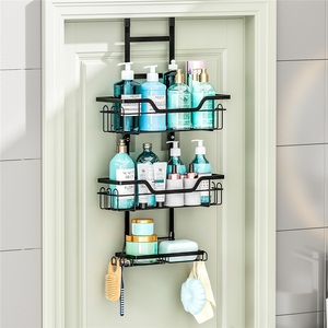 Double Tier Modern Stainless Steel <b>Bathroom</b> Racks Shower Room Hanging <b>Storage</b> <b>Baskets</b> with Hooks Behind Doors - Product Image 2