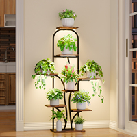Support à plantes en métal et bois écologique à 8 niveaux avec éclairage de croissance, étagère multifonction haute pour pots de fleurs d'intérieur pour salon