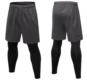 Calça de ginástica 2 em 1 para homens de basquete ao ar livre, compressão esportiva de cintura alta com shorts