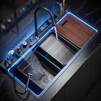 Évier de cuisine intelligent fait main à cuve unique avec cascade, 1000 mm, en acier inoxydable 304, avec affichage numérique en nid d'abeille et lave-tasses, pour maison et hôtel