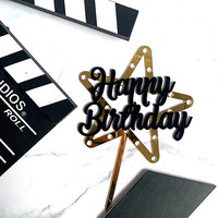 Décoration de gâteau d'anniversaire en forme d'étoile à cinq branches en acrylique or et noir, style double couche, pour gâteau d'anniversaire