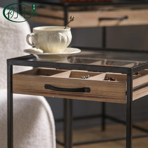 Wabi Sabi Style Side <b>Table</b> Tempered Glass <b>Top</b> Metal Frame Storage <b>Drawer</b> Living Room Coffee <b>Table</b> - Product Image 4