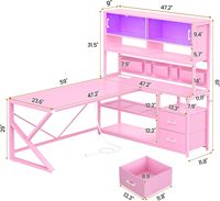 Étagères de rangement, bureau d'ordinateur d'angle réversible, bibliothèque de bureau, armoire en verre, bureau de jeu rose en forme de L