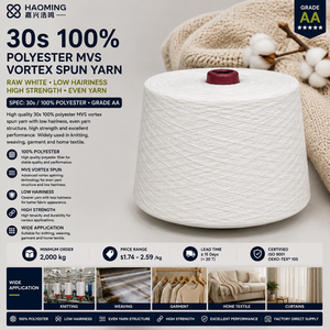 Hilo de Poliéster MVS Vortex Spun Grado AA 30s 100% Blanco Crudo Bajo en Pelusas para Tejido de Punto, Tejido Plano, Prendas de Vestir y Textiles para el Hogar - Product Image 1