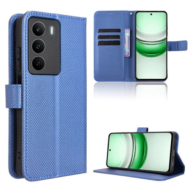 Luxury Diamond Pattern PU Leather Flip Case Cover Shell with Hand Strap Card Holder Wallet Phone Case for Oppo Realme C71 4G