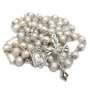 Stock Wholesale Natural Freshwater Pearl High-end cross necklace Rosary Beads Necklace Prayer Beads