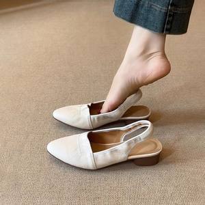 Sandalias de tacón bajo con punta abierta y cierre trasero de piel de oveja para mujer, estilo francés, de cuero suave, cómodas y minimalistas - Product Image 5