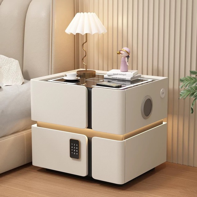 Luxury Modern Smart Nightstand Wireless Charging Station Bluetooth Speaker LED Ambient Light 2 Drawers Apartment Hotel