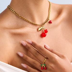 스테인레스 스틸 쿠바 링크 체인 초커 체리 매력 목걸이 세트 여성용 쥬얼리 칼라 드 Cerezas Para Mujer - Product Image 2