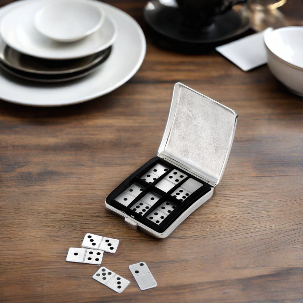 Promotional Silver Double 6 Domino Set with Black Satin