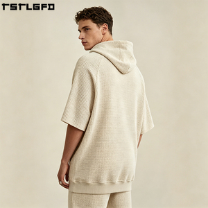 Cut And Sew Waffle Texture <b>Hoodie</b> <b>Short</b> <b>Sleeve</b> Raglan Heavyweight Vintage Baggy Oversized Streetwear Pullover Wholesale - Product Image 2