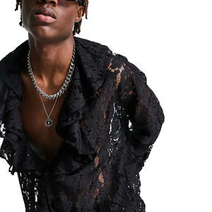 Nuova <span class=keywords><strong>Camicia</strong></span> da <span class=keywords><strong>Uomo</strong></span> alla Moda, Sexy e Traspirante con Colletto a Volant, Vestibilità Regolare, Maniche Lunghe, Traforata in <span class=keywords><strong>Pizzo</strong></span> con Bottoni - Product Image 3