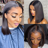 Perruque Bob Courte Lisse Indienne 13x6x2 en Cheveux Remy avec Raie en T, Dentelle Transparente, Couleur Naturelle, Pré-Pluckée, pour Femmes, Plus Foncée
