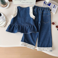 Ensemble de vêtements pour filles 2026 : Gilet en jean à volants et patchwork de dentelle + Jean (2 pièces)