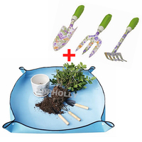 Tapis de rempotage de plantes pliant en PE tapis de transplantation pliable avec 2 pièces truelle râteau Nylon outils de jardin ensemble et gants kit de tapis de rempotage