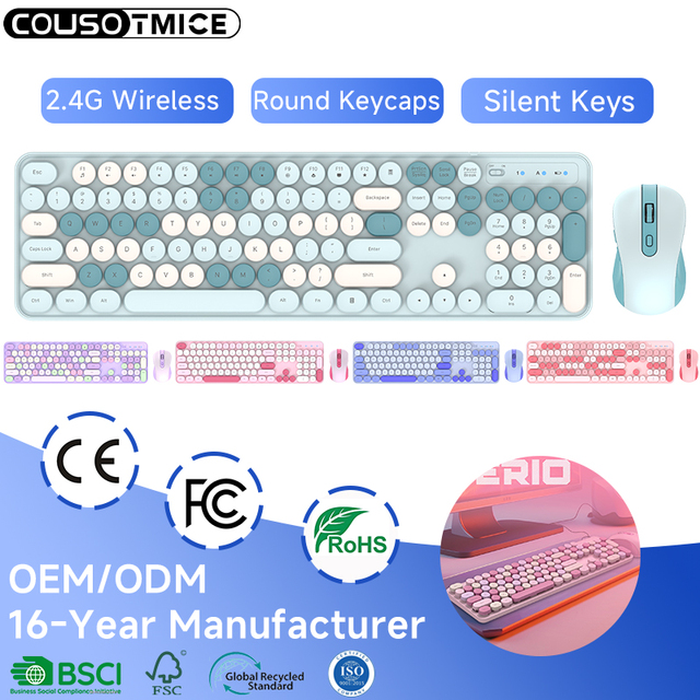 Colorful Gradient Rainbow Color Retro Typewriter Keyboard Silient 2.4GHz Wireless Keyboards and Mouse for Computer, Desktop