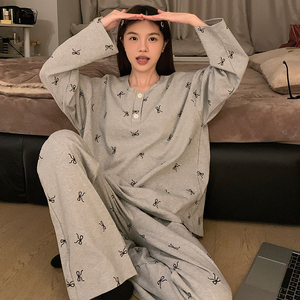 Pyjama pour femmes, vêtements de nuit, printemps et automne, pantalon à manches longues, col rond, pull en tricot imprimé, pyjama de dessin animé, vêtements de maison - Product Image 1