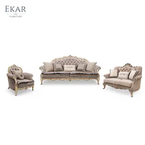 French Antique Living Room Furniture Royal Classic Villa Wood Carving Beige And Golden Fabric Sitting Room Sofa Set