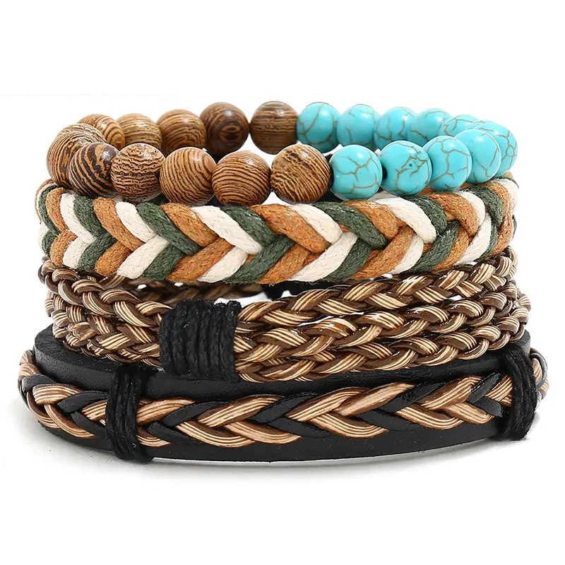 TZ289 Ethnic Tribal Double Colors Wrap Bracelets for Men and Women 4Pcs Cowhide Leather Wristbands with Wood Beads