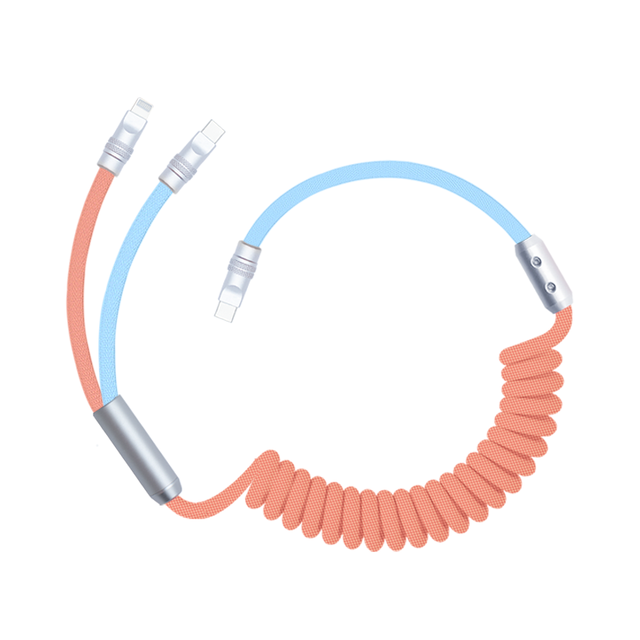 2 in 1 Coiled USB C to Ligh-ning Cord for Car Nylon Braided Multi Type C to Type C Fast Charging Cables for iPhone 15 16 Samsung
