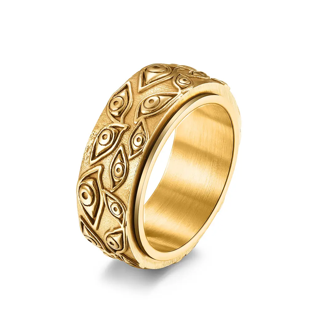 Anillo de pulgar de acero inoxidable chapado en oro con ojo del diablo, anillos de compresión de estilo Retro giratorios para hombres